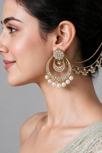 Gold plated pearl kundan chandbali earrings with ear chains