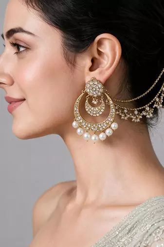 Gold plated pearl kundan chandbali earrings with ear chains