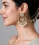 Gold plated pearl kundan chandbali earrings with ear chains