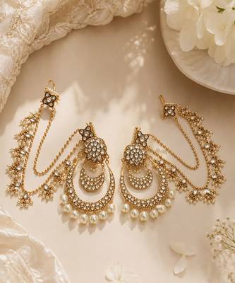 Gold plated pearl kundan chandbali earrings with ear chains 2