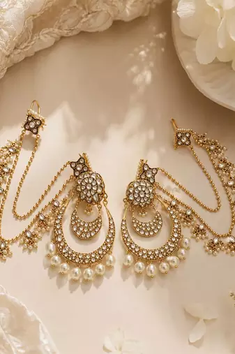 Gold plated pearl kundan chandbali earrings with ear chains
