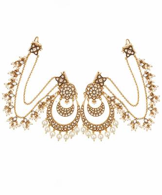 Gold plated pearl kundan chandbali earrings with ear chains 3