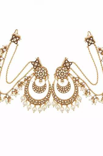 Gold plated pearl kundan chandbali earrings with ear chains