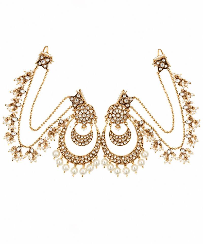 Gold plated pearl kundan chandbali earrings with ear chains