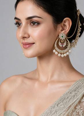 Gold plated pearl kundan chandbali earrings with ear chains 1