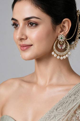 Gold plated pearl kundan chandbali earrings with ear chains