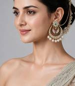 Gold plated pearl kundan chandbali earrings with ear chains