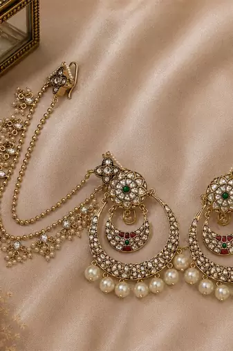 Gold plated pearl kundan chandbali earrings with ear chains