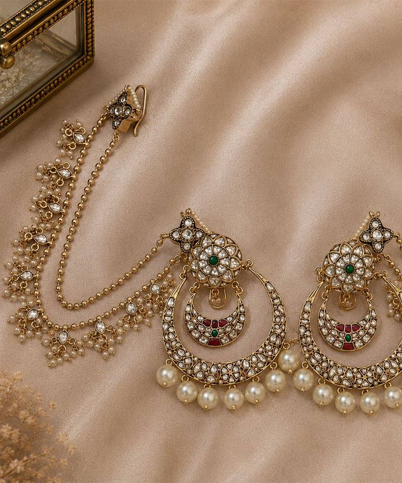 Gold plated pearl kundan chandbali earrings with ear chains