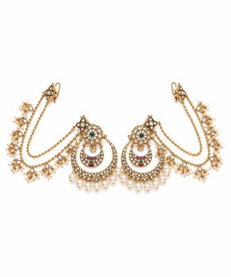 Gold plated pearl kundan chandbali earrings with ear chains 3