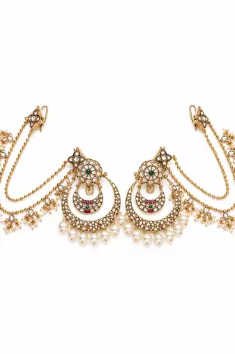 Gold plated pearl kundan chandbali earrings with ear chains