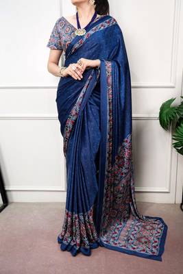 Navy-blue silk blend block print printed saree 1