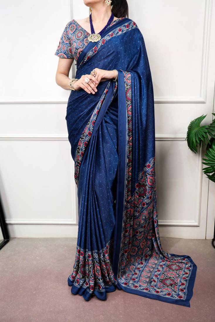 Navy-blue silk blend block print printed saree