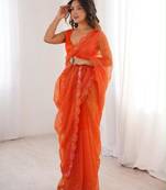 Orange net sequins work embroidered saree