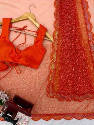 Orange net sequins work embroidered saree 2