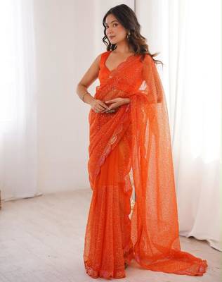 Orange net sequins work embroidered saree 3