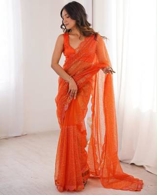 Orange net sequins work embroidered saree 4