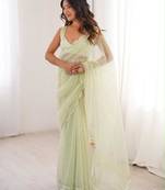 Light-green net sequins work embroidered saree