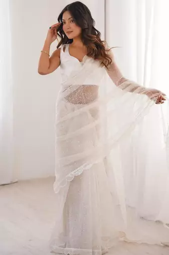 White net sequins work embroidered saree