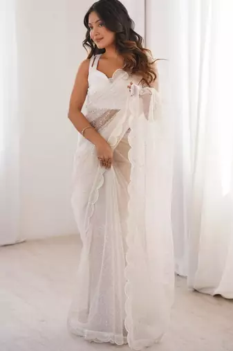 White net sequins work embroidered saree