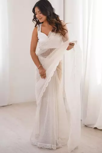 White net sequins work embroidered saree