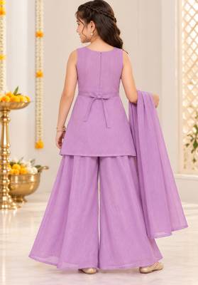 Lavender silver embroidered sleeveless kurti palazzo set with dupatta for girls 2
