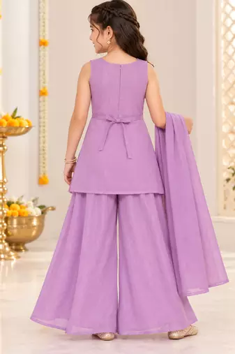 Lavender silver embroidered sleeveless kurti palazzo set with dupatta for girls