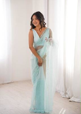 Light-blue net sequins work embroidered saree 1