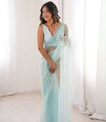 Light-blue net sequins work embroidered saree