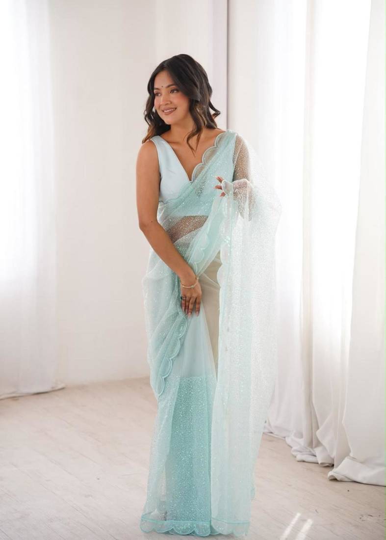 Light-blue net sequins work embroidered saree