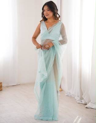 Light-blue net sequins work embroidered saree 2