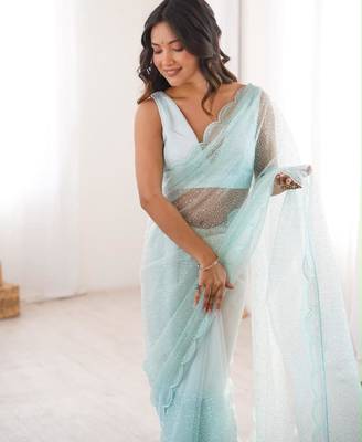 Light-blue net sequins work embroidered saree 4