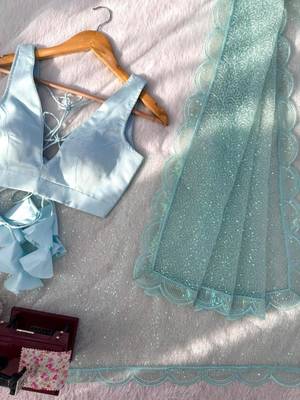 Light-blue net sequins work embroidered saree 5