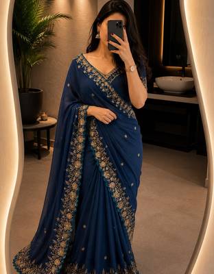 Navy-blue georgette sequins work embroidered saree 1