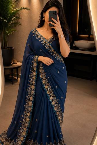 Navy-blue georgette sequins work embroidered saree