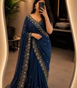 Navy-blue georgette sequins work embroidered saree