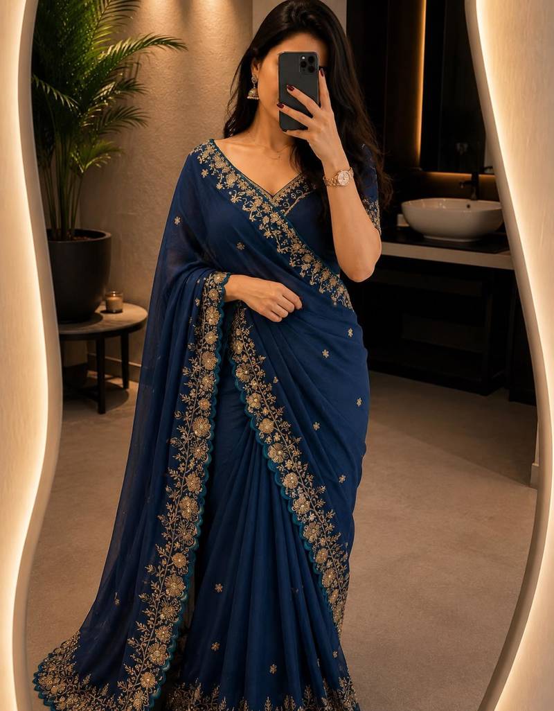 Navy-blue georgette sequins work embroidered saree