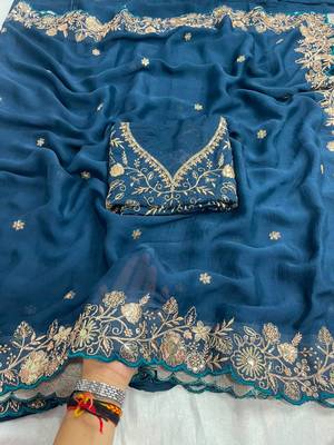 Navy-blue georgette sequins work embroidered saree 2