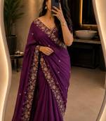 Purple georgette sequins work embroidered saree