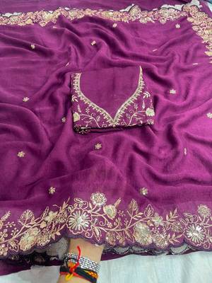 Purple georgette sequins work embroidered saree 2