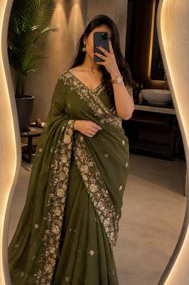 Olive georgette sequins work embroidered saree 1