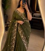 Olive georgette sequins work embroidered saree