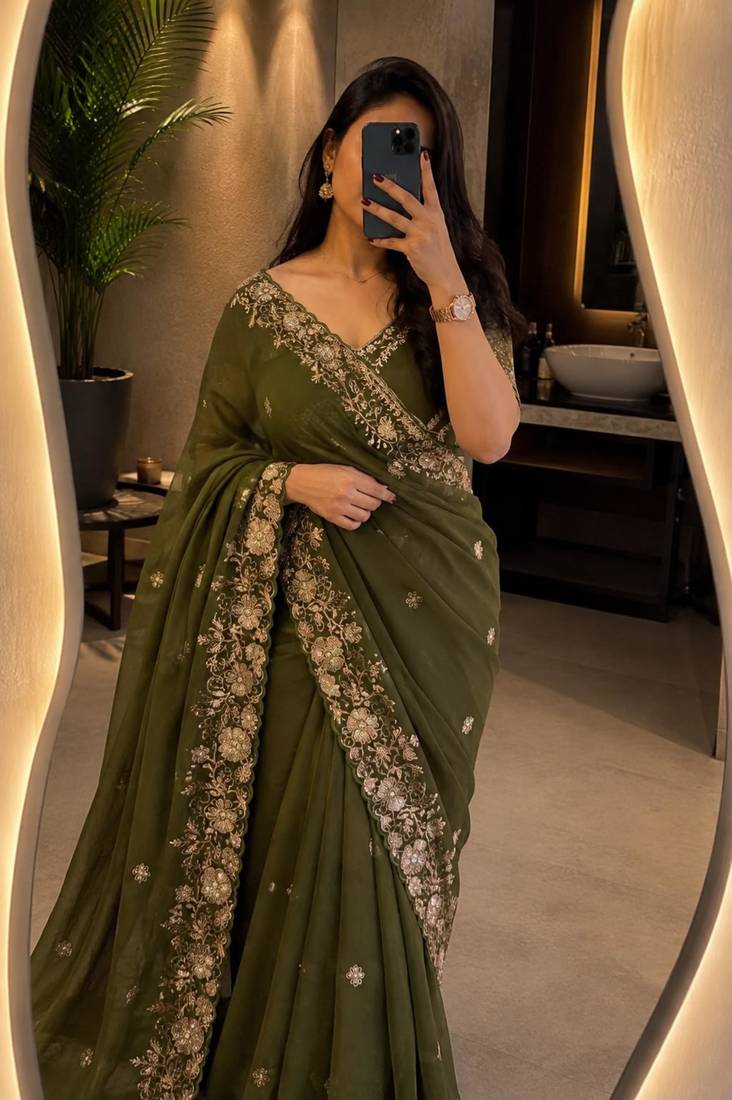 Olive georgette sequins work embroidered saree