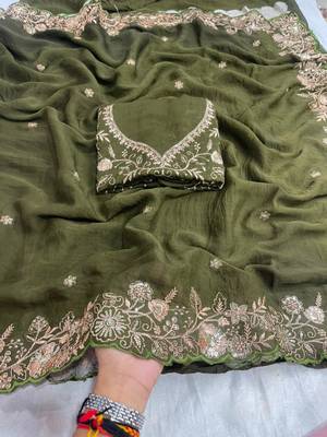 Olive georgette sequins work embroidered saree 2