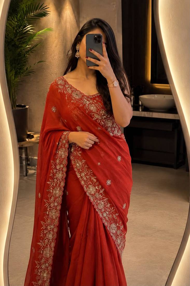 Red georgette sequins work embroidered saree