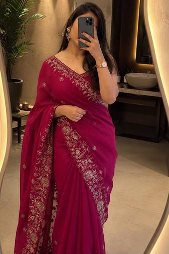 Magenta georgette sequins work embroidered saree