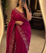 Magenta georgette sequins work embroidered saree