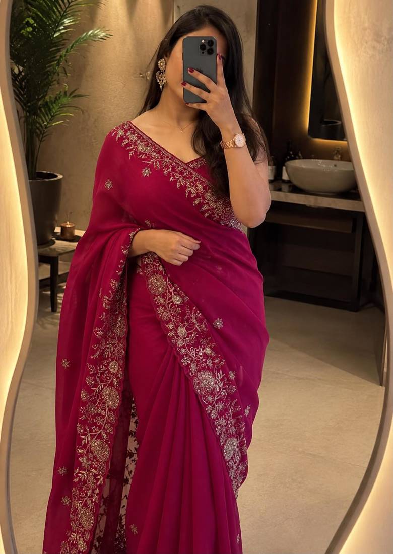 Magenta georgette sequins work embroidered saree