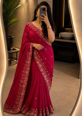 Red tissue zari work embroidered saree 1