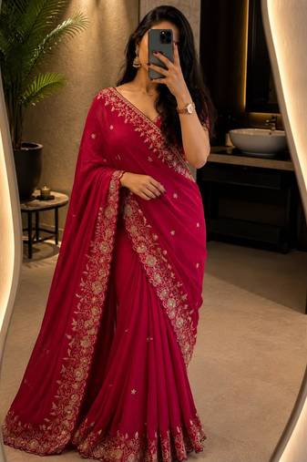 Red tissue zari work embroidered saree